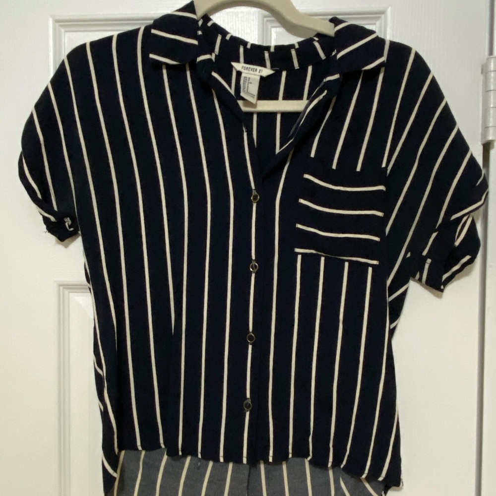 Blue and white striped button down blouse